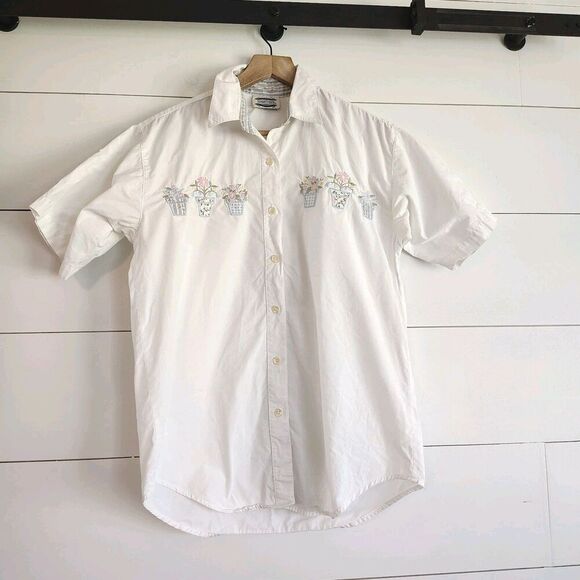 Vtg Flower Pot Shirt Womens Floral Embroidered Pastel Cottagecore Size Small - Picture 1 of 8